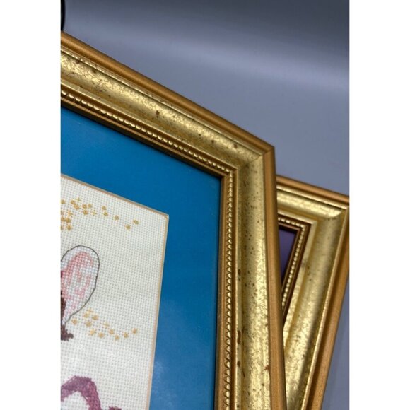 Vtg Set Of 2 Framed Angel Cross-Stitch Art With Gold‎ Frames Colorful Background - Picture 5 of 7